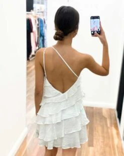 Tara Ruffle Mini Dress - White -Curvy Charm Store Tara Ruffle Mini Dress Back Close White