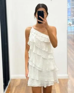 Tara Ruffle Mini Dress - White -Curvy Charm Store Tara Ruffle Mini Dress Front Close White