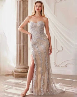 Gigi Beaded Strapless Gown - Silver/Nude -Curvy Charm Store a1256 silvernude 1