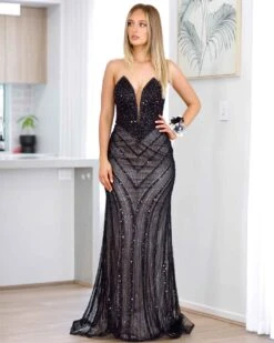 Adaya Strapless Beaded Gown - Black/Nude -Curvy Charm Store adaya front 1 black