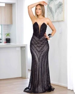 Adaya Strapless Beaded Gown - Black/Nude -Curvy Charm Store adaya front 3 black