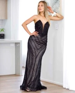 Adaya Strapless Beaded Gown - Black/Nude -Curvy Charm Store adaya leaning 2 black