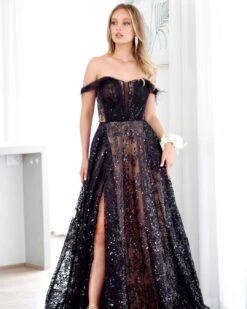 Aisha Feather Sequin Gown - Black And Nude