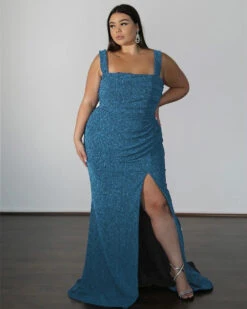 Amber Metallic Jersey Gown - Sky Blue