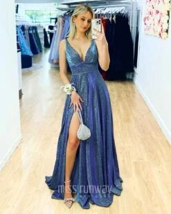 Ava Glitter Gown - Steel Blue -Curvy Charm Store ava glitter gown front 1 steel blue