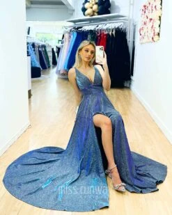 Ava Glitter Gown - Steel Blue -Curvy Charm Store ava glitter gown sitting steel blue