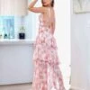 Bella Layered Chiffon Maxi Dress - Peach Floral -Curvy Charm Store bella dress back 2 peach floral