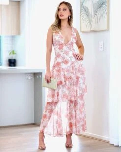 Bella Layered Chiffon Maxi Dress - Peach Floral -Curvy Charm Store bella dress front 1 peach floral