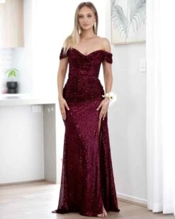 Bellatrix Off Shoulder Sequin Gown - Wine