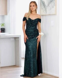 Bellatrix Off Shoulder Sequin Gown - Emerald -Curvy Charm Store bellatrix front emerald