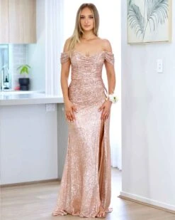 Bellatrix Off Shoulder Sequin Gown - Rose Gold 17 Bellatrix Off Shoulder Sequin Gown - Rose Gold -Curvy Charm Store bellatrix front rose gold