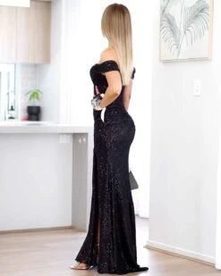 Bellatrix Off Shoulder Sequin Gown - Black 19 Bellatrix Off Shoulder Sequin Gown - Black -Curvy Charm Store bellatrix side 1 black