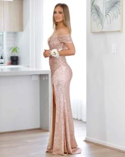 Bellatrix Off Shoulder Sequin Gown - Rose Gold 27 Bellatrix Off Shoulder Sequin Gown - Rose Gold -Curvy Charm Store bellatrix side 1 rose gold