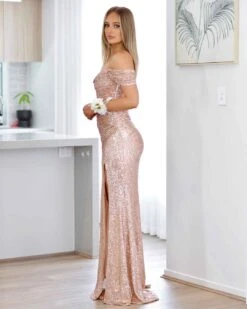 Bellatrix Off Shoulder Sequin Gown - Rose Gold 23 Bellatrix Off Shoulder Sequin Gown - Rose Gold -Curvy Charm Store bellatrix side rose gold