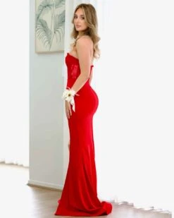 Brigitte Strapless Corset Gown - Red 14 Brigitte Strapless Corset Gown - Red -Curvy Charm Store brigitte gown side red