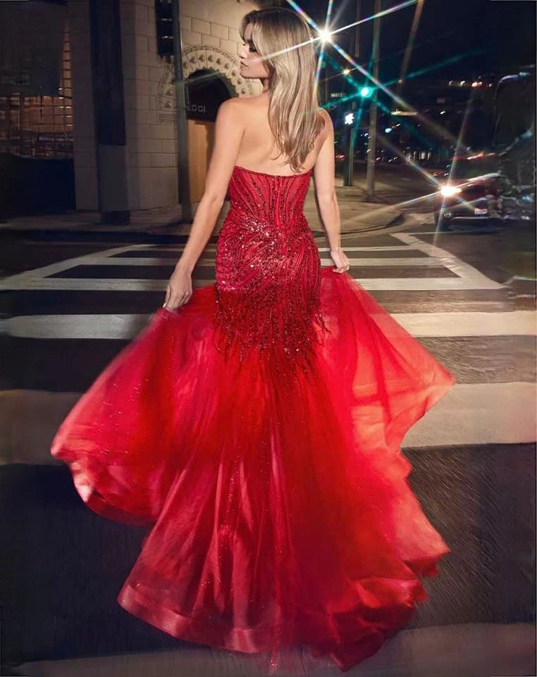 Daisy Beaded Strapless Gown - Red 4 Daisy Beaded Strapless Gown - Red - Image 2