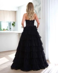 Celeste Layered Strapless Ball Gown - Black -Curvy Charm Store celeste gown back 1 black