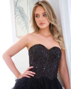 Celeste Layered Strapless Ball Gown - Black -Curvy Charm Store celeste gown close up black