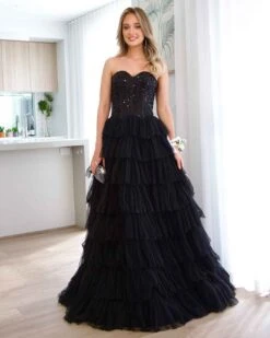 Celeste Layered Strapless Ball Gown - Black