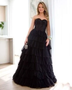 Celeste Layered Strapless Ball Gown - Black -Curvy Charm Store celeste gown front black