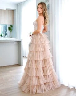 Celeste Layered Strapless Ball Gown - Blush -Curvy Charm Store celeste gown side 1 blush