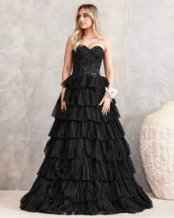 Celeste Layered Strapless Ball Gown - Black -Curvy Charm Store celeste.B