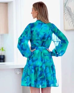 Ellie Chiffon Mini Dress - Green/Blue Print -Curvy Charm Store ellie dress back blue green