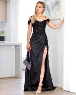 Eliza Beaded Lace Corset Gown - Black -Curvy Charm Store elyssa leaning 1 black