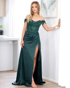 Eliza Beaded Lace Corset Gown - Emerald -Curvy Charm Store elyssa leaning 1 emerald
