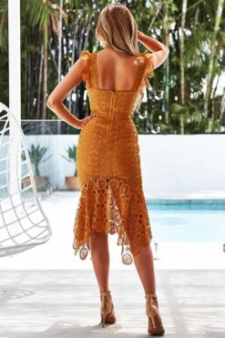 Giselle Lace Midi Dress - Mustard -Curvy Charm Store giselle lace dress back mustard
