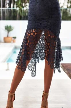 Giselle Lace Midi Dress - Steel Blue -Curvy Charm Store giselle lace midi dress skirt modern flowers steel blue