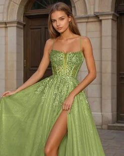Iris Corset Lace Gown - Olive Green