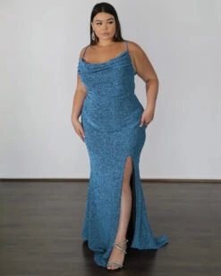 Issy Metallic Jersey Gown - Sky Blue