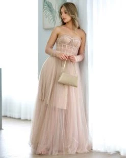 Jasmine Corset Tulle Gown - Blush -Curvy Charm Store jasmine gown leaning blush