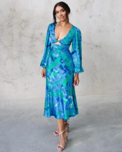 Kora Satin Midi Dress - Green/Blue Print 17 Kora Satin Midi Dress - Green/Blue Print -Curvy Charm Store kora.blue .green .midi.front1