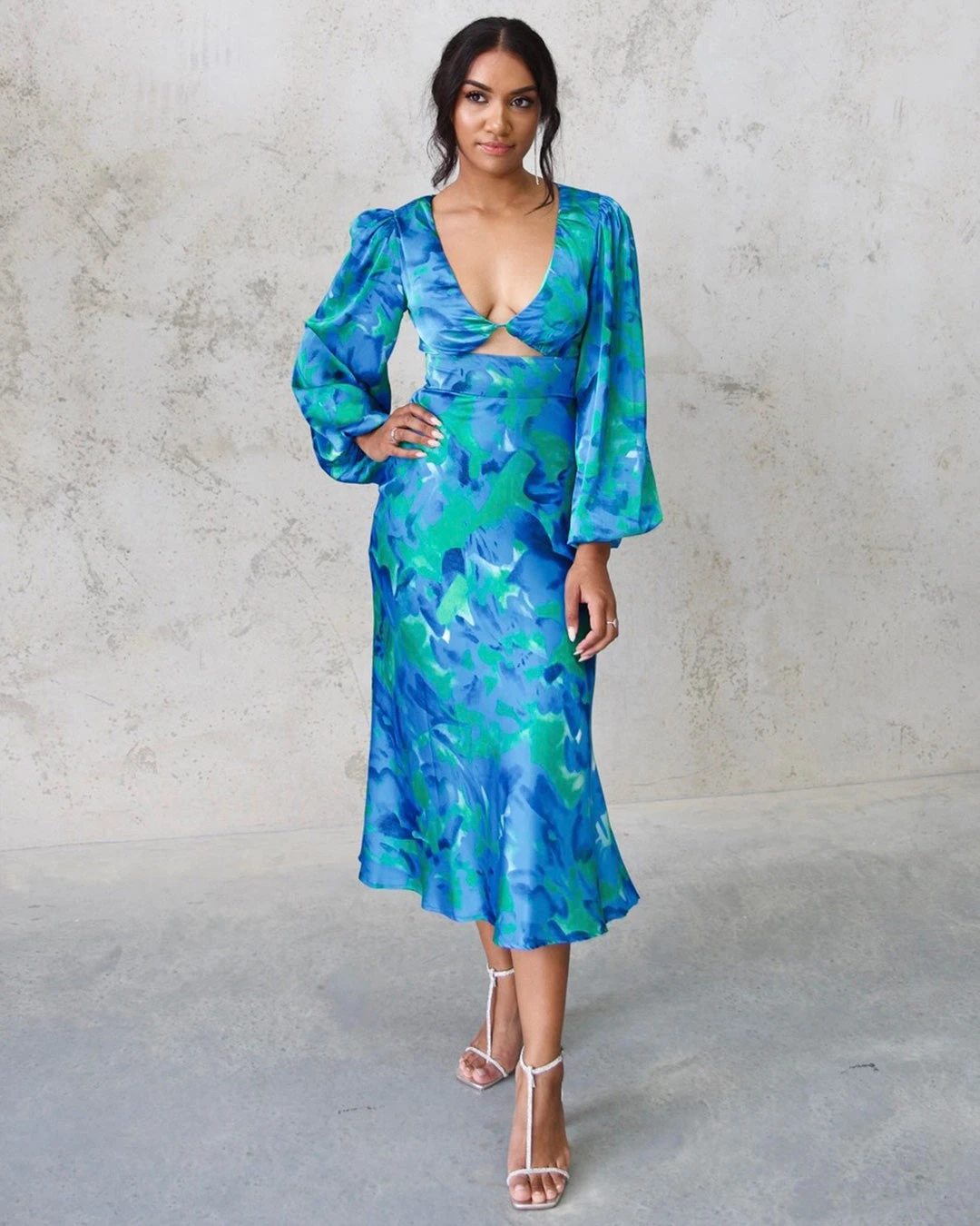 Kora Satin Midi Dress - Green/Blue Print 7 Kora Satin Midi Dress - Green/Blue Print - Image 5