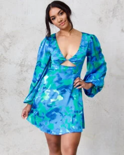 Kora Satin Mini Dress - Green/Blue Print 17 Kora Satin Mini Dress - Green/Blue Print -Curvy Charm Store kora.blue .green .mini