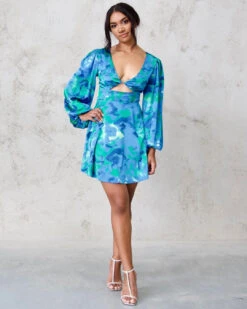 Kora Satin Mini Dress - Green/Blue Print 18 Kora Satin Mini Dress - Green/Blue Print -Curvy Charm Store kora.blue .green .mini .front