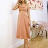 Meagan Satin Midi Dress - Mocha -Curvy Charm Store maegan midi satin dress front mocha
