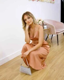 Meagan Satin Midi Dress - Mocha -Curvy Charm Store maegan satin midi dress squatting mocha