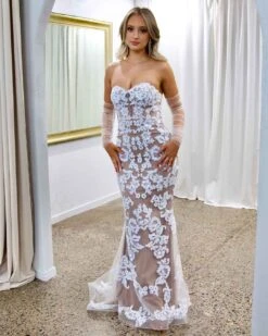 Matilda Strapless Lace Gown - White/Nude -Curvy Charm Store matilda gown front white