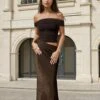 Ondine Mesh Off Shoulder Maxi Dress - Chocolate 2 Ondine Mesh Off Shoulder Maxi Dress - Chocolate -Curvy Charm Store ondine.brown .maxi .front