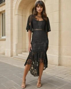 Reyna Lace Midi Dress - Black