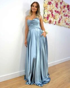 Rosie Strapless Satin Gown - Cadet Blue -Curvy Charm Store rosie satin gown front 2 cadet blue