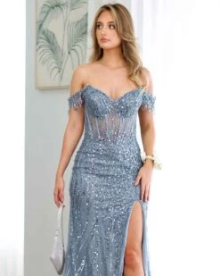 Tatiana Corset Sequin Gown - Smoky Blue -Curvy Charm Store tatiana gown close up smoky blue
