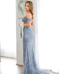 Tatiana Corset Sequin Gown - Smoky Blue -Curvy Charm Store tatiana gown side smokey blue