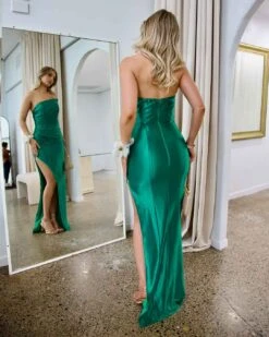 Valentina Strapless Satin Gown - Green -Curvy Charm Store valentina gown back 1 green