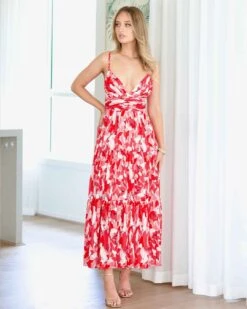 Verona Maxi Print Dress - Red 17 Verona Maxi Print Dress - Red -Curvy Charm Store verona gown front 1 red